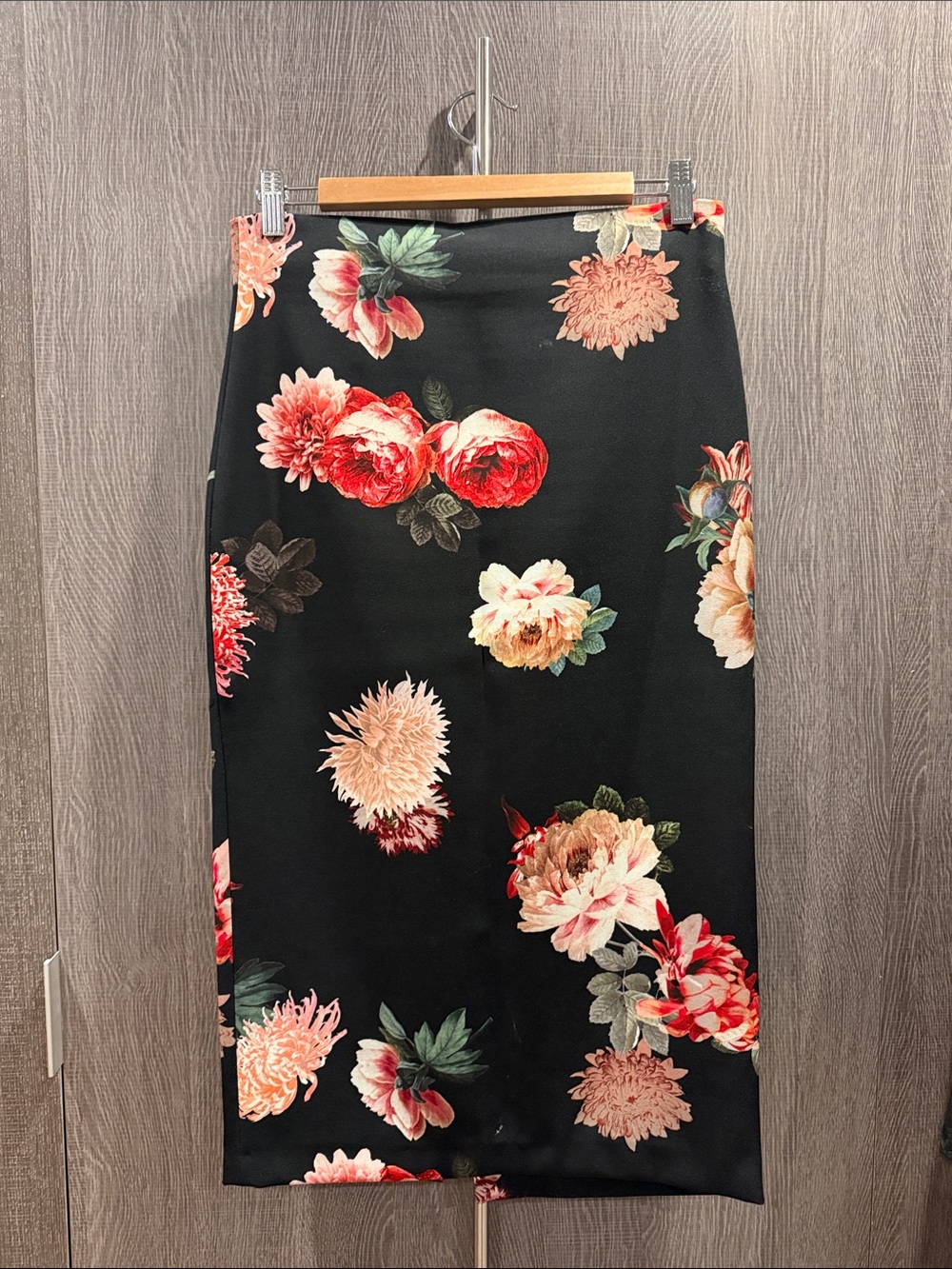 Floral Pencil Skirt - Black with Red & Pink Blooms